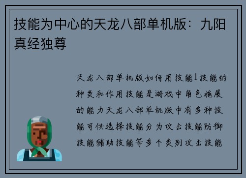 技能为中心的天龙八部单机版：九阳真经独尊
